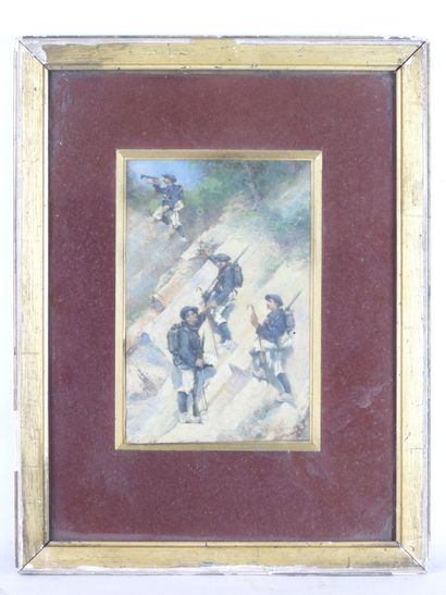 null FRANCE. LEVESQUE Eugène. Huile su panneau "Chasseurs alpins à l'escalade", SBD,...