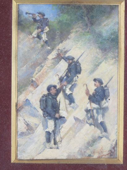 null FRANCE. LEVESQUE Eugene. Oil on panel "Alpine Hunters Climbing", SBD, 23 X 15...