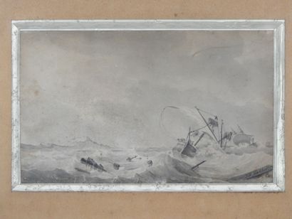 null J.M. KOEHKOEK - XIXe siècle : Scène de naufrage. Aquarelle signée en bas à droite....