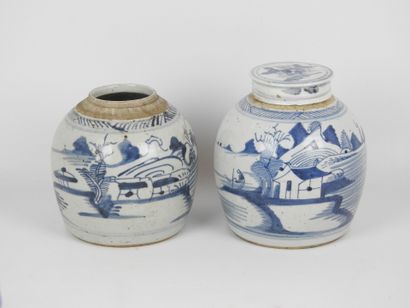 null CHINE : Deux pots à gingembre en porcelaine de forme ovoïde à décor en blanc...