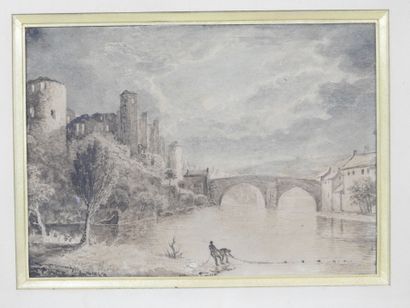 null Ecole FRANCAISE du XIXe siècle : Scène de pêche devant un pont avec château....