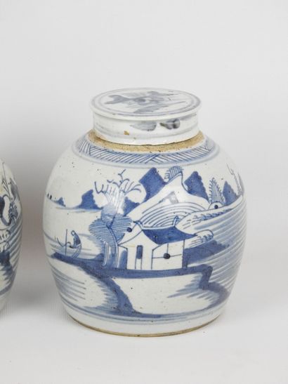 null CHINE : Deux pots à gingembre en porcelaine de forme ovoïde à décor en blanc...