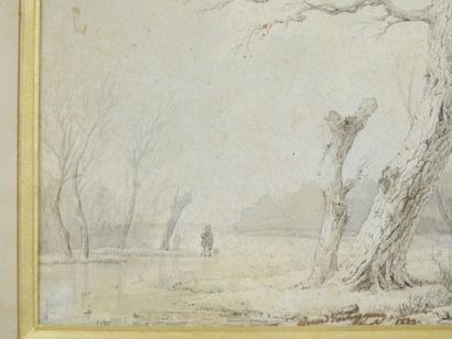 null Ecole FRANCAISE du XIXe siècle : Paysage d'hiver sur un étang avec personnage....