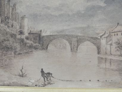 null Ecole FRANCAISE du XIXe siècle : Scène de pêche devant un pont avec château....