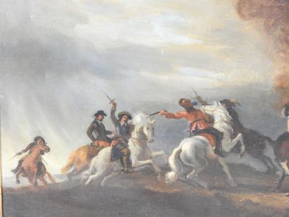 null Ecole FRANCAISE du XIXème siècle : Choc de cavalerie. Huile sur toile. 98 x...
