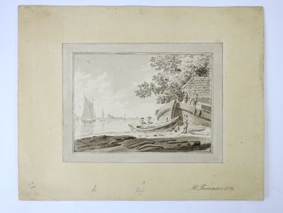 null Hendrick TAVENIER (1734-1807): Sailors preparing a boat. Ink wash. Signed in...