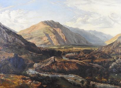 null French school of the XIXth century: Mountainous landscape. Oil on canvas. Bears...