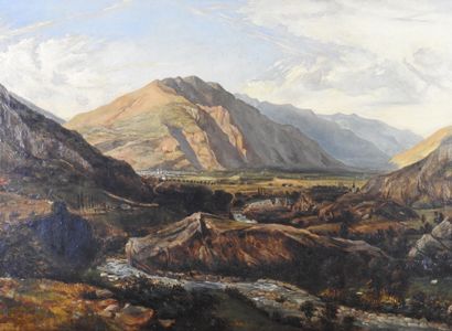 null Ecole FRANCAISE du XIXème siècle : Paysage montagneux. Huile sur toile. Porte...