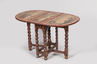 null TABLE called Gateleg in wood painted with scenes of fishermen and marine, the...