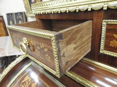 null CYLINDER DESK inlaid with phoenixes, scrolls and pampers in light wood on a...