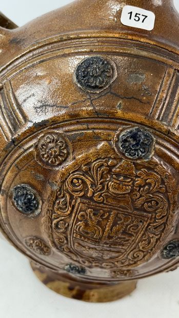 null RAEREN or BOUFFIOULX: Large stoneware pilgrim's flask with four loops decorated...