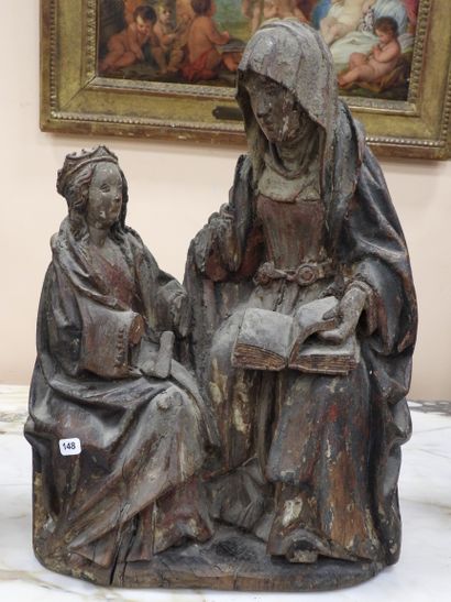null Groupe en chêne sculpté peint polychrome représentant Sainte Anne et la Vierge
Brabant,...