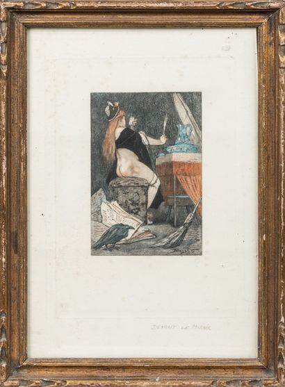 null Félicien ROPS (1833-1898)
La Petite sorcière. 
Gravure en couleurs au repérage,...