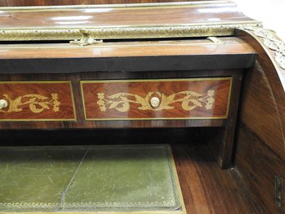 null CYLINDER DESK inlaid with phoenixes, scrolls and pampers in light wood on a...