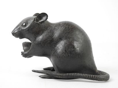 null JAPON - Epoque MEIJI (1868-1912): Rat sur ses pattes arrière tenant une noisette...