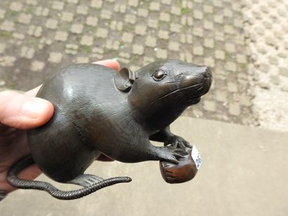 null JAPON - Epoque MEIJI (1868-1912) : Rat tenant une noisette en bronze patiné....