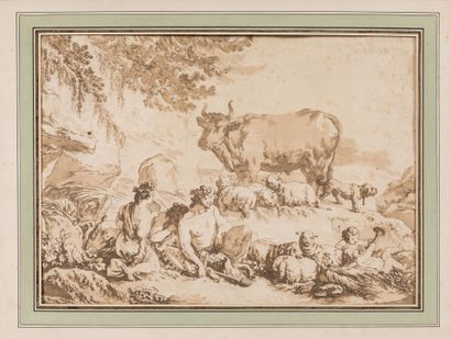 null 18th century RANCAISE SCHOOL: Sleeping Pan surrounded by a bull, sheep and a...