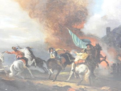 null Ecole FRANCAISE du XIXème siècle : Choc de cavalerie. Huile sur toile. 98 x...