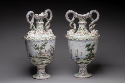 null IMPORTANT PAIR OF earthenware vases of baluster form on pedestal and twisted...