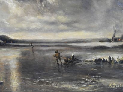 null Adolf STADEMANN (1824-1895): Skating scene near mills. Oil on panel. Signed...