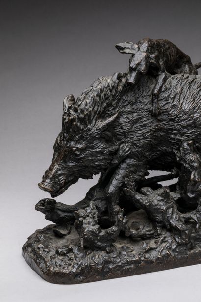 null Christophe FRATIN (1801-1864). « Grande chasse au sanglier ». Sculpture en bronze...
