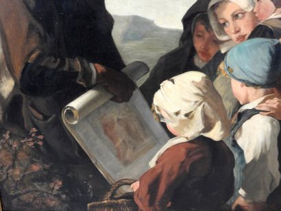 null P. DUPRE (fin XIXème siècle): Un marchand d'images en Bretagne. Huile sur toile....