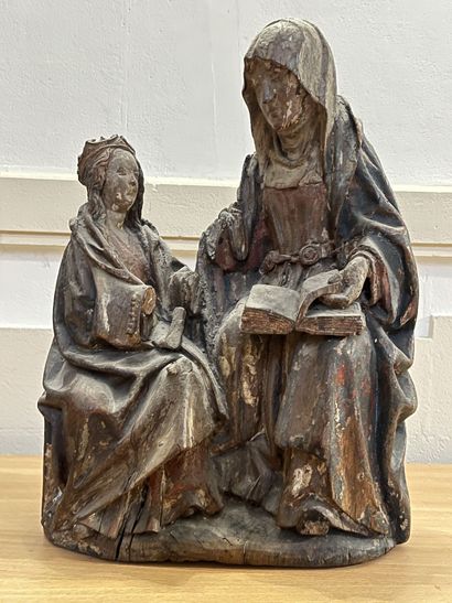 null Groupe en chêne sculpté peint polychrome représentant Sainte Anne et la Vierge
Brabant,...