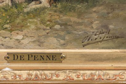 null Olivier de PENNE (Paris 1831 - Marlotte 1897) : Chiens au relais et deux veneurs....