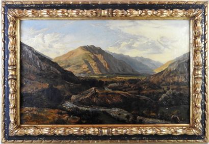 null French school of the XIXth century: Mountainous landscape. Oil on canvas. Bears...