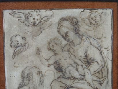 null Ecole FLAMANDE du XVIIème siècle: La Sainte Famille entourée d'angelots. Plume....