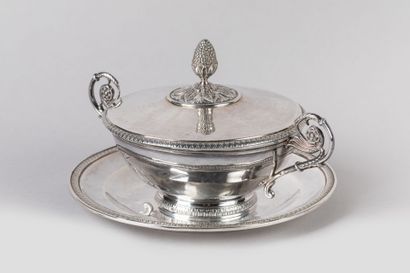 null Silver covered BOUILLON and dormant, the handles with scroll, pine cone catch....
