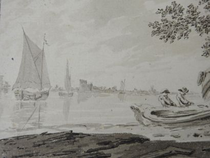 null Hendrick TAVENIER (1734-1807) : Marins préparant une barque. Lavis d'encre....