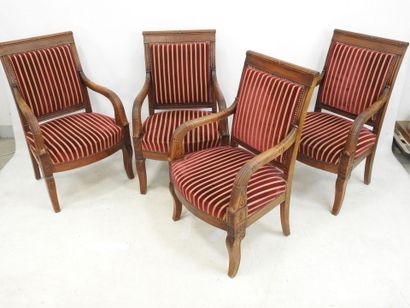 null FOUR mahogany molded and carved armchairs, straight back, armrests decorated...