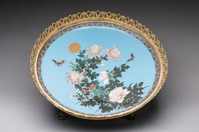 null IMPORTANT cloisonné mounted dish decorated with butterflies among foliage, the...