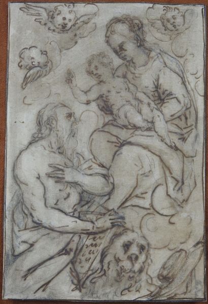null Flemish school of the XVIIth century: The Holy Family surrounded by cherubs....