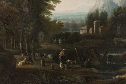 null Ecole ITALIENNE de la fin du XVIIIe siècle : Paysage animé avec paysans et animaux...