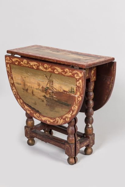 null TABLE called Gateleg in wood painted with scenes of fishermen and marine, the...