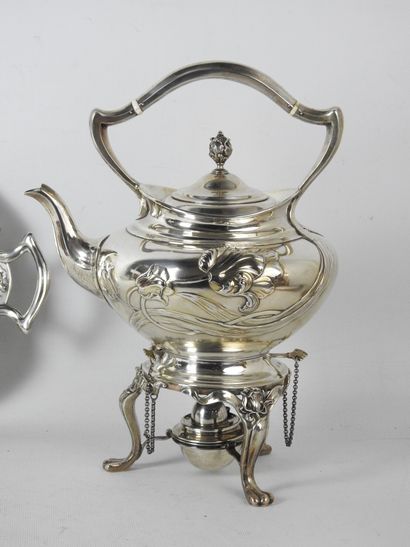null SAMOVAR and oval silver PLATEAU with naturalistic decoration of flowers and...