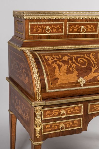 null CYLINDER DESK inlaid with phoenixes, scrolls and pampers in light wood on a...