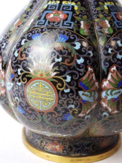 null CHINA: Cloisonné enamel vase of baluster form and lobed sides decorated with...