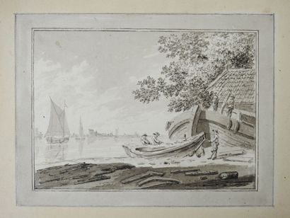 null Hendrick TAVENIER (1734-1807) : Marins préparant une barque. Lavis d'encre....
