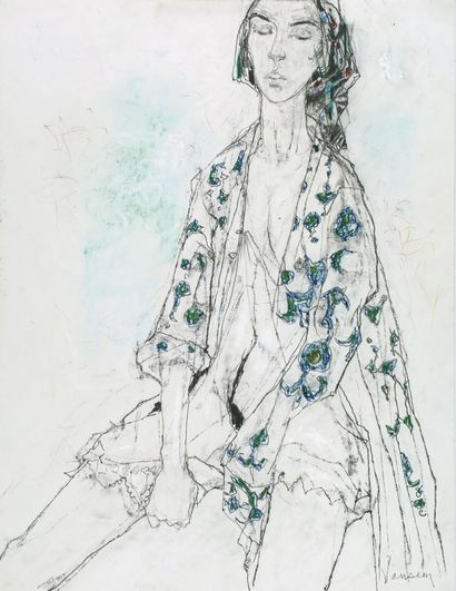 null Jean JANSEM (1920-2013) : Sophie au châle. Crayon graphite et pastel. Signé...