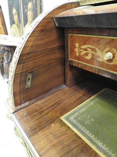 null CYLINDER DESK inlaid with phoenixes, scrolls and pampers in light wood on a...