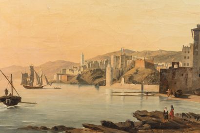 null Alexandre LEBLANC (1793-1866) : Vue animée du port de Florence avec le drapeau...