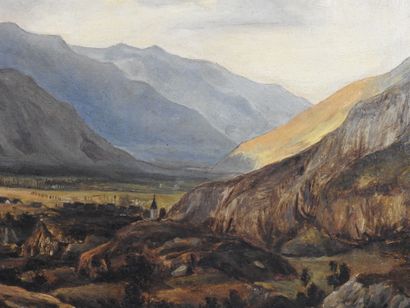 null Ecole FRANCAISE du XIXème siècle : Paysage montagneux. Huile sur toile. Porte...