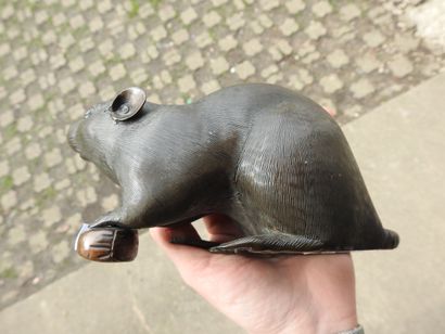 null JAPON - Epoque MEIJI (1868-1912) : Rat tenant une noisette en bronze patiné....