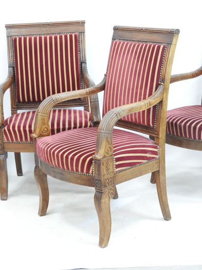 null FOUR mahogany molded and carved armchairs, straight back, armrests decorated...