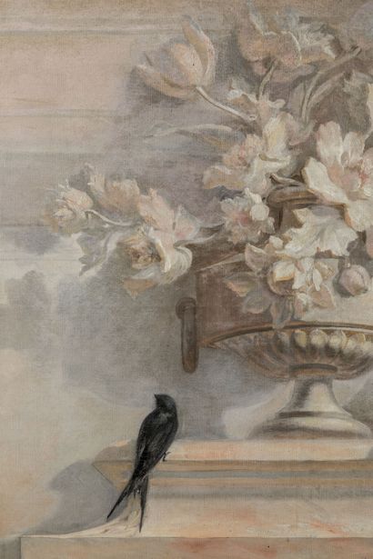 null Lte BRUNNER (XIXe) : Vase de fleurs aux hirondelles. Huile sur toile (Colin)....