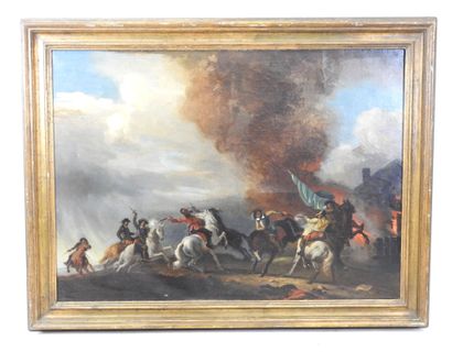 null Ecole FRANCAISE du XIXème siècle : Choc de cavalerie. Huile sur toile. 98 x...