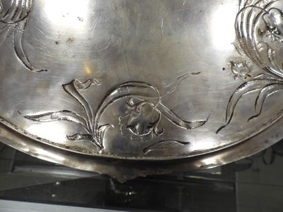 null SAMOVAR and oval silver PLATEAU with naturalistic decoration of flowers and...